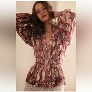 Anthropologie Pink Floral Peplum Somerset long sleeved chiffon blouse 2X new